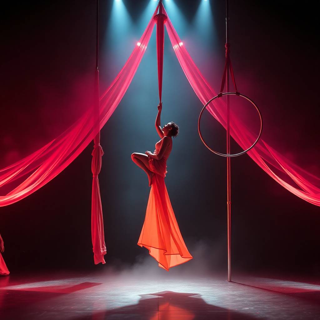 Generative aerial dance imagery featuring a pendulum, silks, hoop, and pole dance, bathed in vibrant complementary colors and volumetric lighting with visible light beams through dust or fog