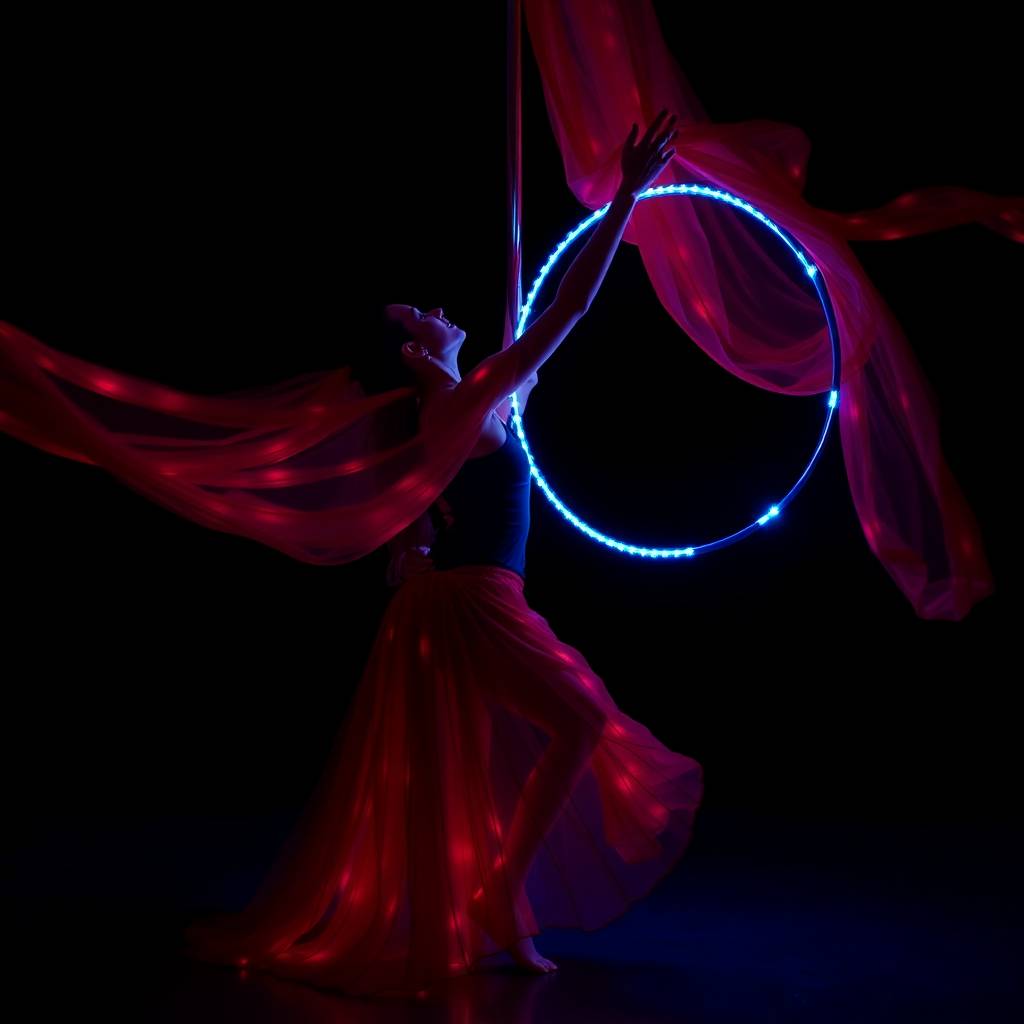 Rich burgundy and deep blue, bioluminescent colors, pendular dance, silks, hoop, pole dance, natural light effects, vibrant glow, sophisticated, elegant